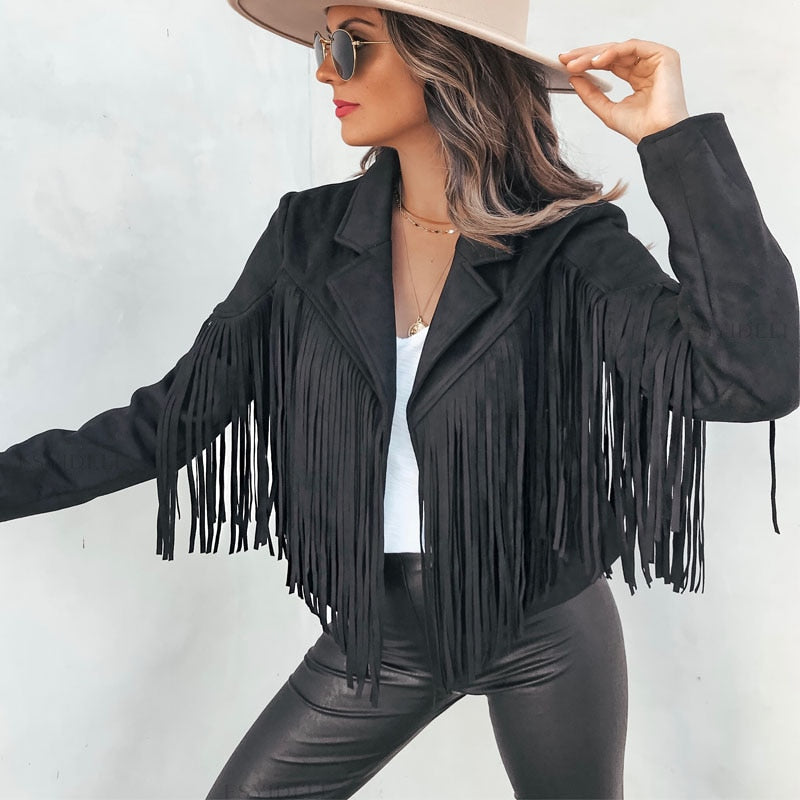 Suede jacket with fringes | Women's tasselled cardigan for trendy outfits