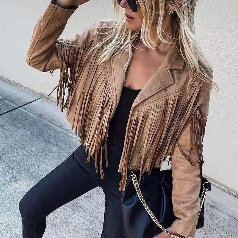 Suede jacket with fringes | Women's tasselled cardigan for trendy outfits