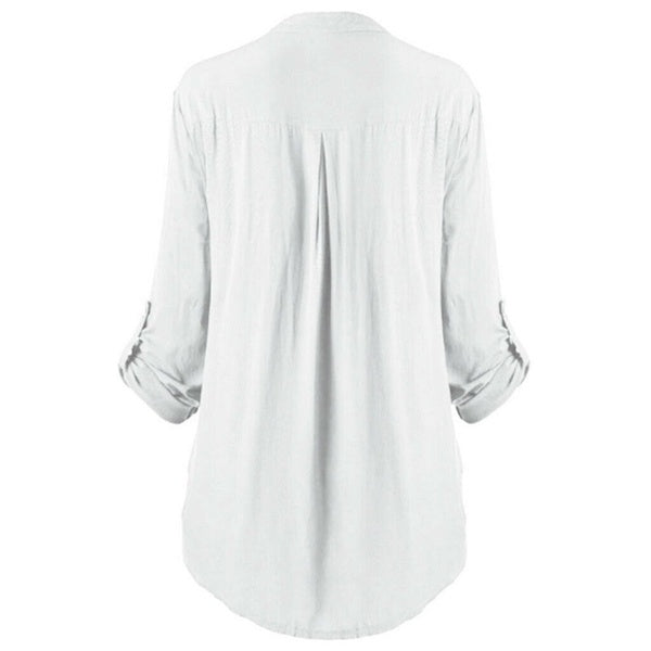 Ladies' long-sleeved shirt with button placket and stand-up collar