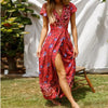 Elegant summer maxi dress with ruffles, short sleeves and a deep V-neckline