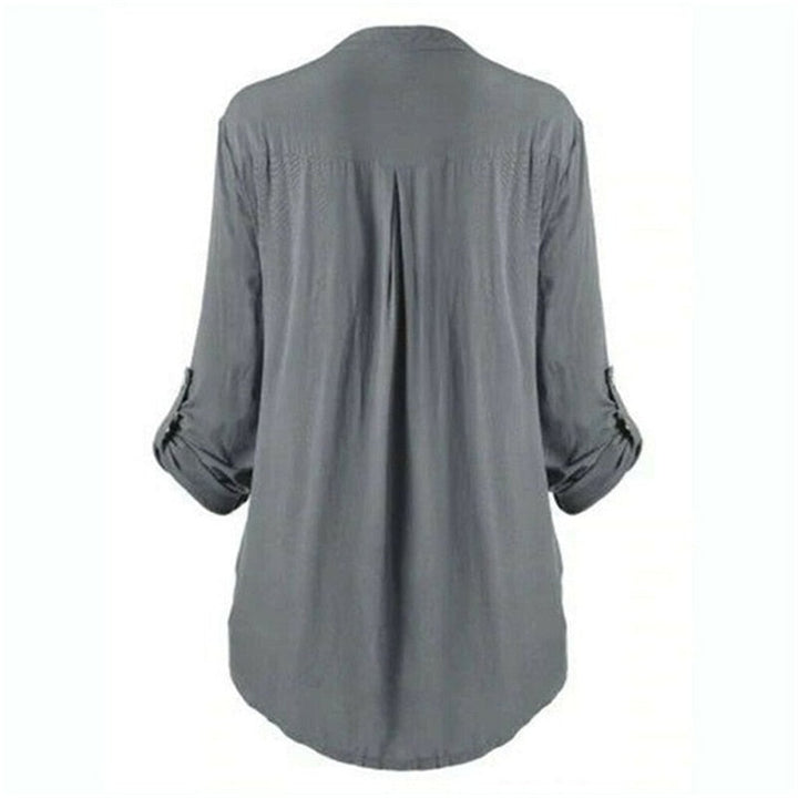 Ladies' long-sleeved shirt with button placket and stand-up collar