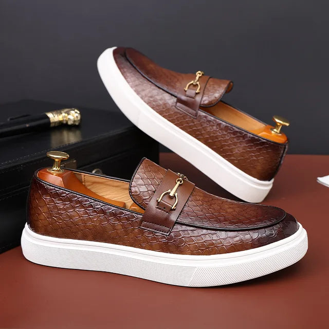 Embossed Leather Buckle Loafers