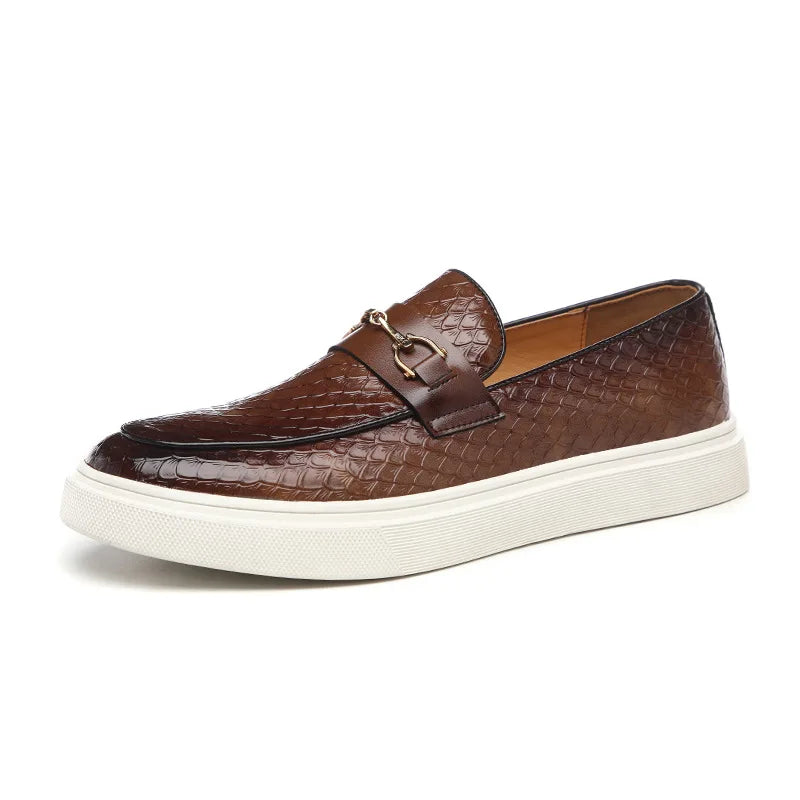 Embossed Leather Buckle Loafers