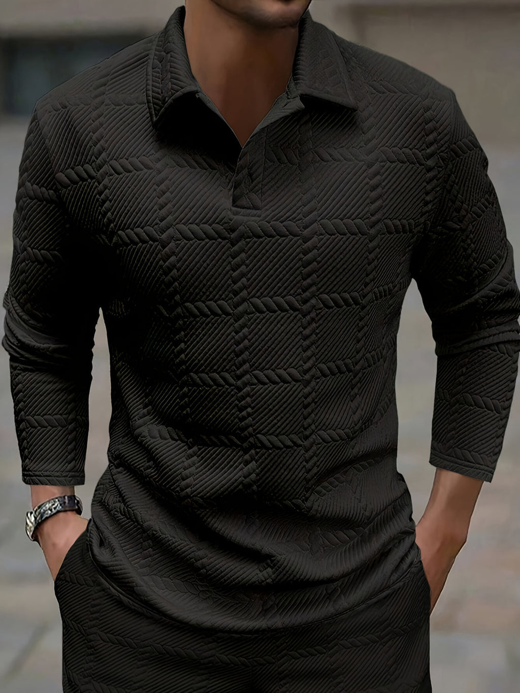 Men's - Knitted Jacquard Polo Shirt - Stylish Comfort