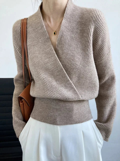 Crossed V-Neck Wrap Knitted Sweater