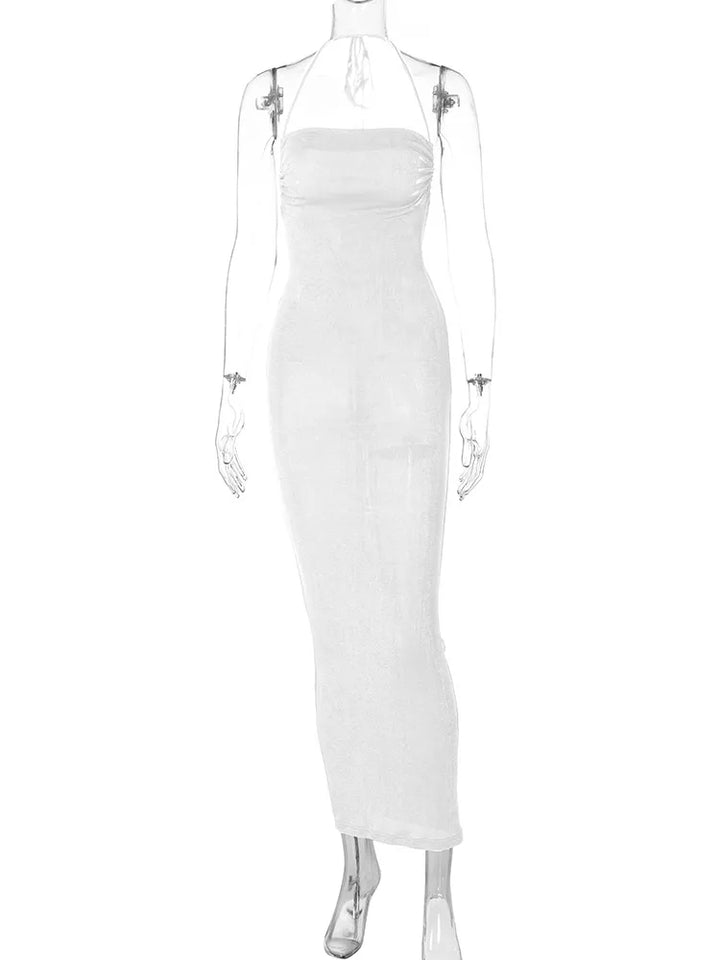 Women's maxi dress without back and sleeves: Cut-out detail, drawstring at the waist