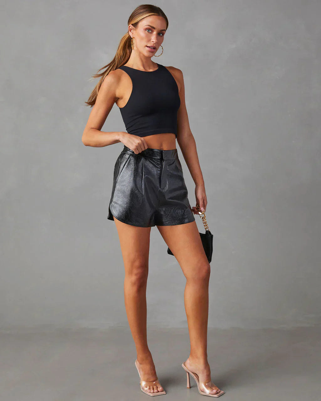 Ladies' imitation leather shorts with pockets