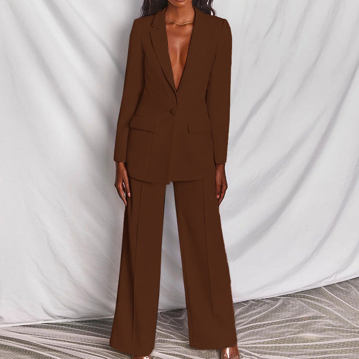 Stylish trendy ladies' suit with blazer and long trousers