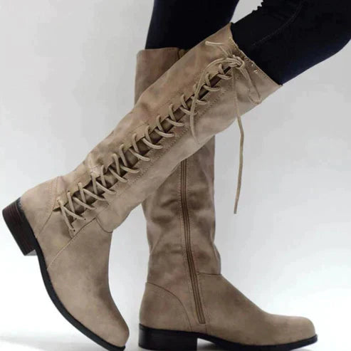 Women's - Knee-High Lace-Up Boots - Flat Style