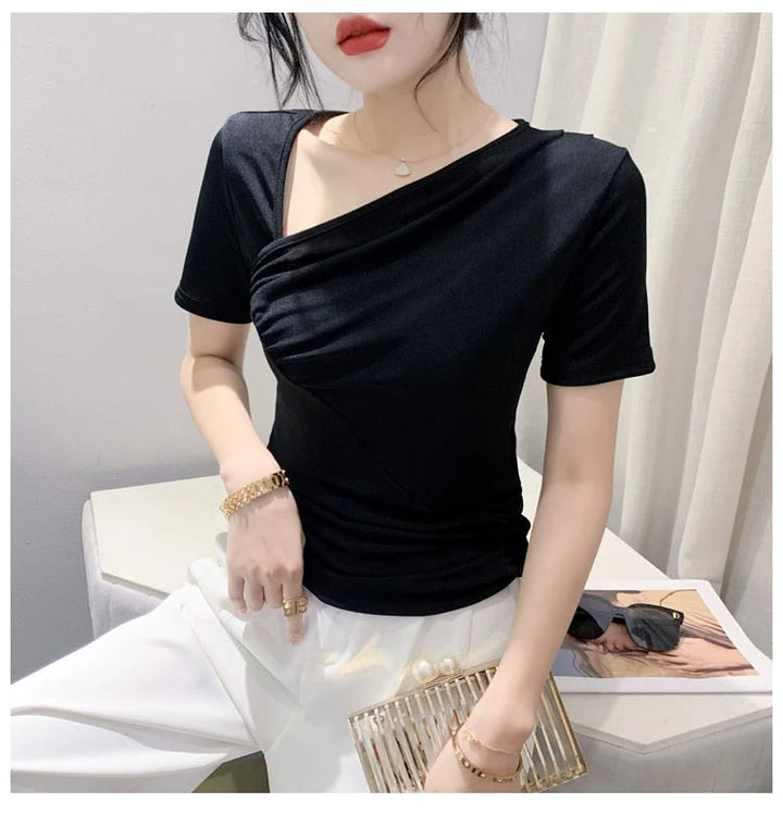 Slim-fit Slant Neck Draped Shirt for Women