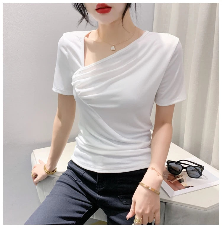 Slim-fit Slant Neck Draped Shirt for Women