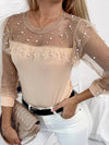 Beaded mesh ruffled top with O-neckline