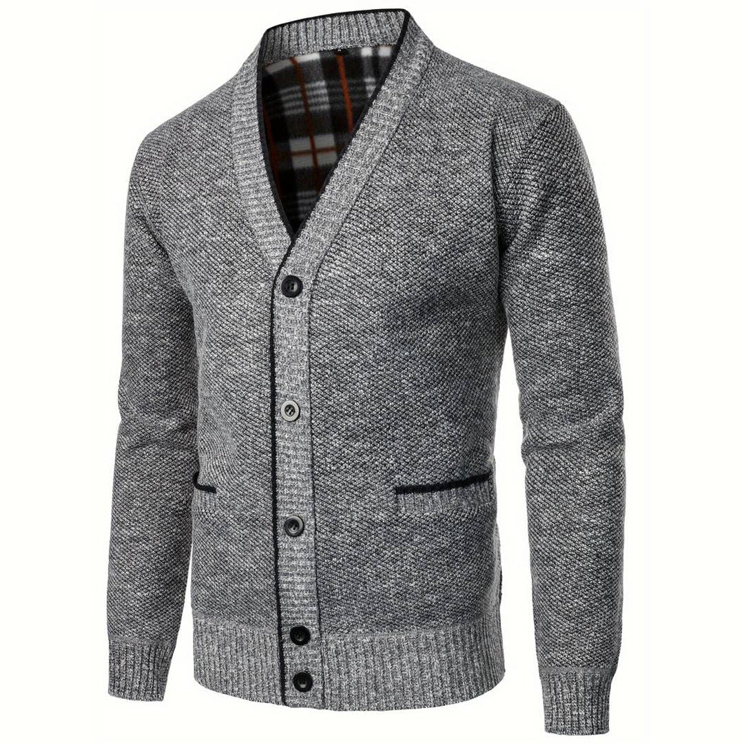 Men's - V-Neck Cardigan - Plaid Lining & Pockets