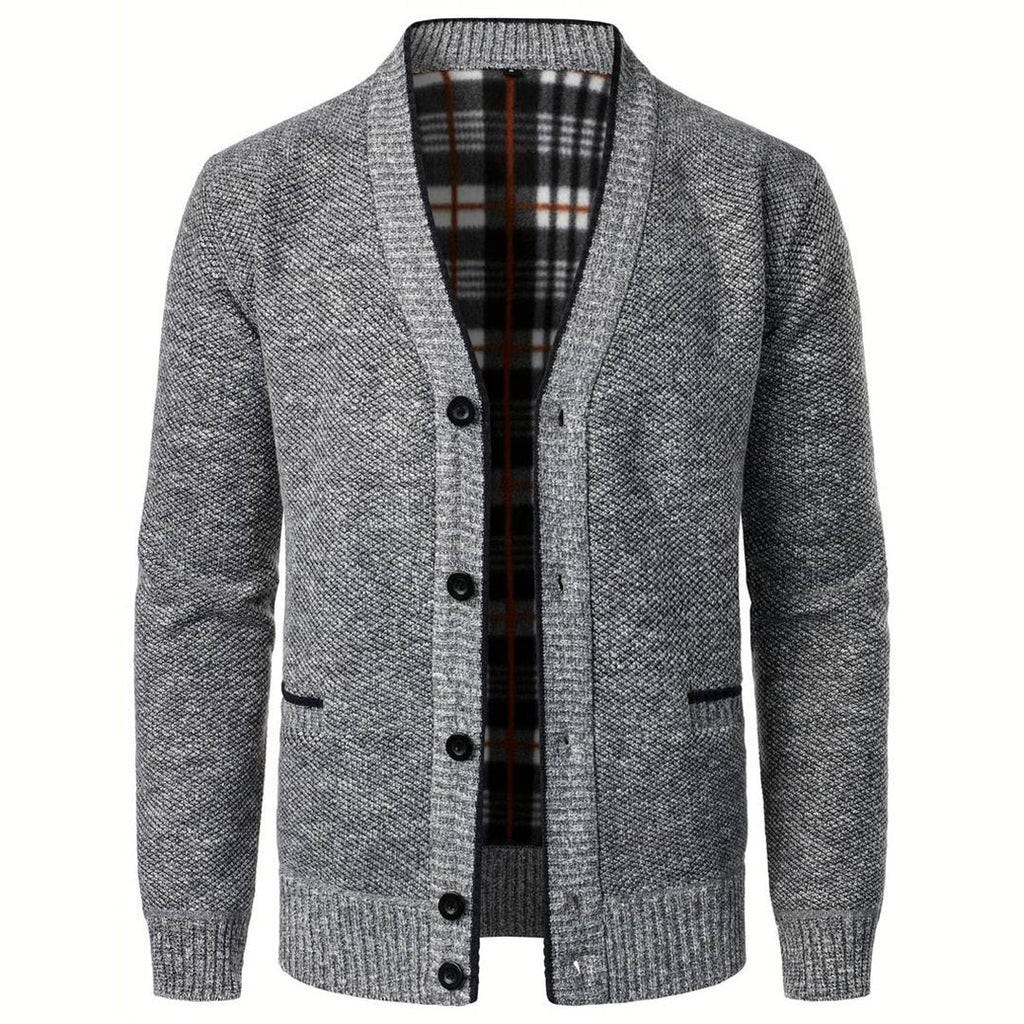 Men's - V-Neck Cardigan - Plaid Lining & Pockets