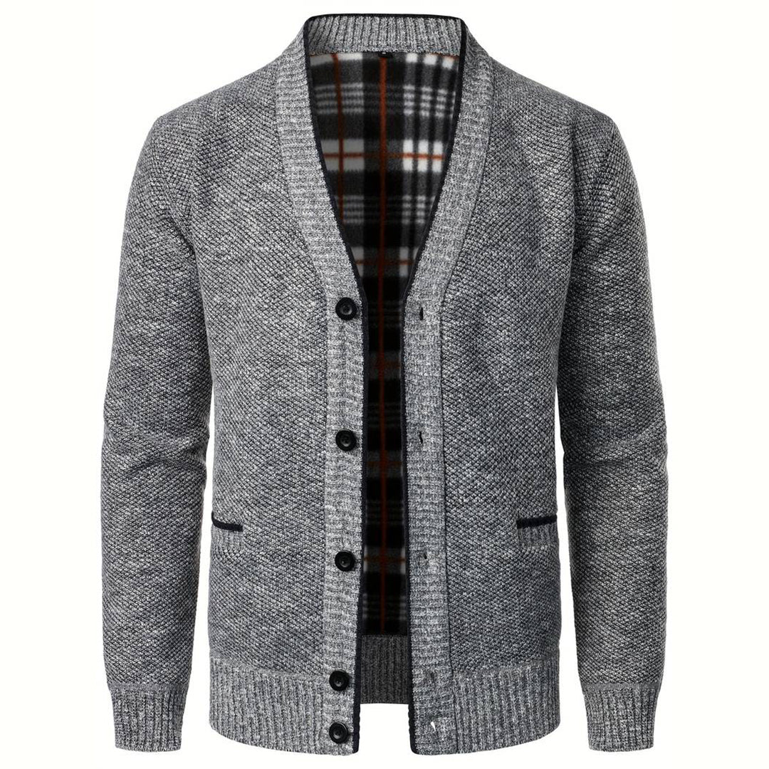 Men's - V-Neck Cardigan - Plaid Lining & Pockets