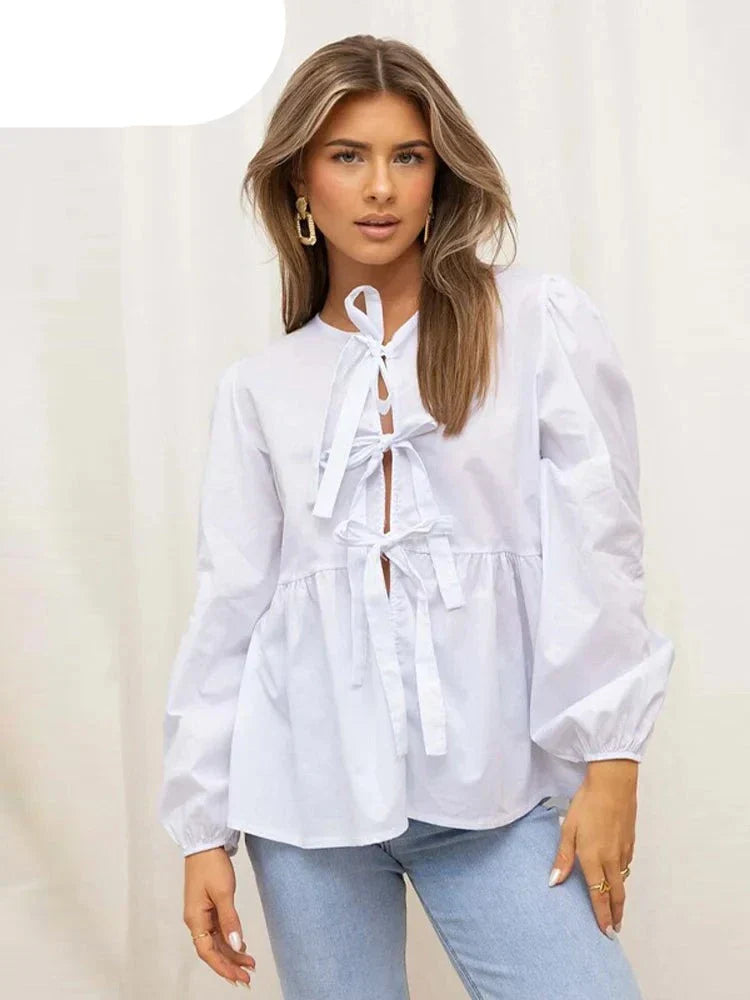 Slim-fit lace-up shirt with bow tie for women