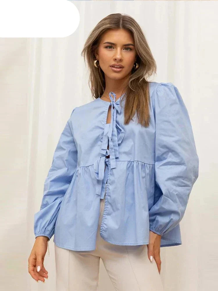 Slim-fit lace-up shirt with bow tie for women