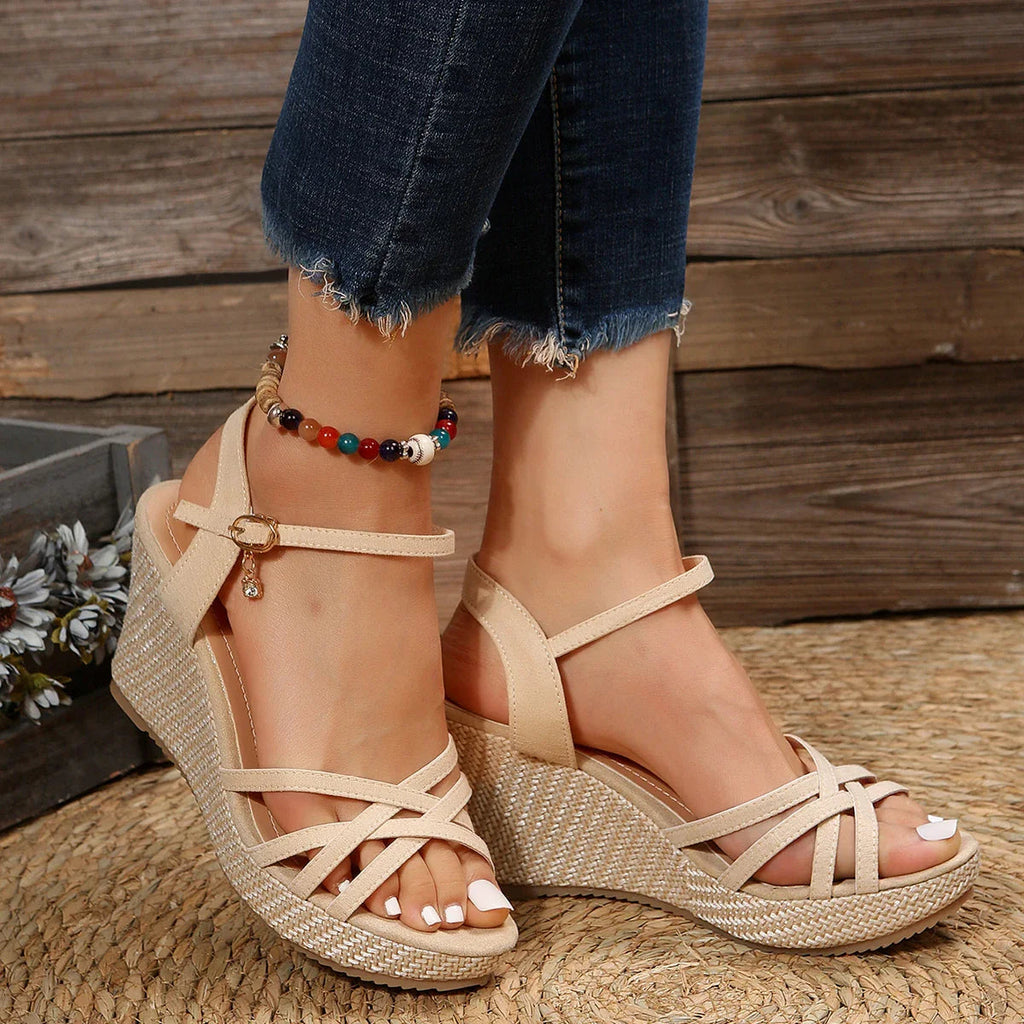 Women's - Crisscross Wedge Sandals with Ankle Buckle