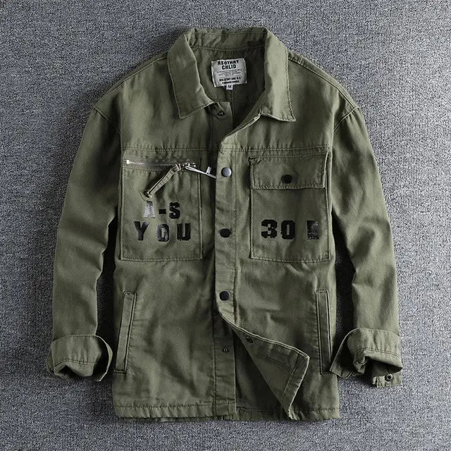 Casual utility jacket with typographic accents