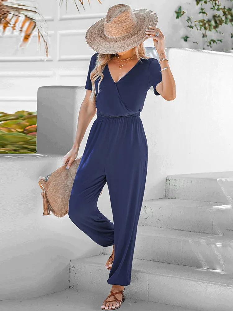 Short-sleeved jumpsuit with V-neckline