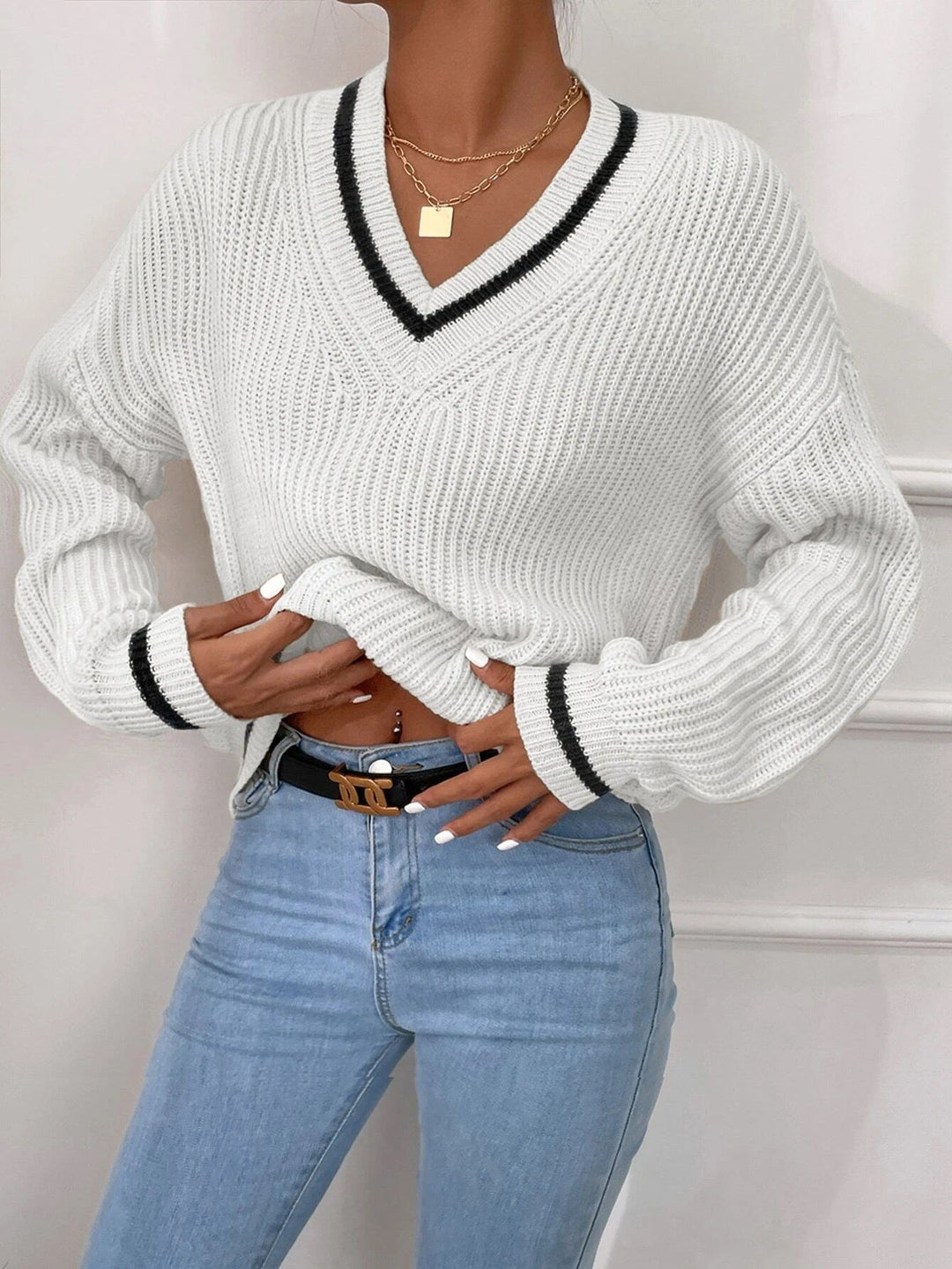 Jumper with patchwork V-neck