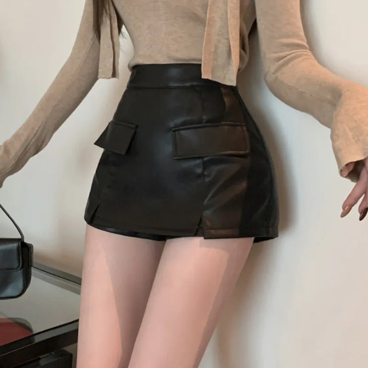 PU leather mini shorts skirt