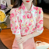 Chiffon blouse with puff sleeves and diamond collar