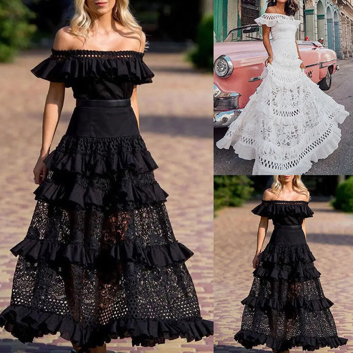 Off-the-shoulder ruffle maxi dress with lace details