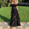 Off-the-shoulder ruffle maxi dress with lace details