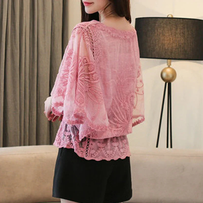 Chiffon blouse with cotton lace and butterfly flower pattern