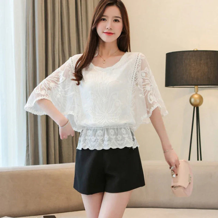 Chiffon blouse with cotton lace and butterfly flower pattern