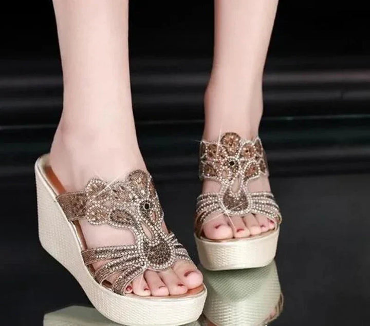 Fabric mules with sequins and wedge heel