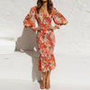 Printed trumpet dress with V-neckline