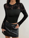 Women's - Figure-Hugging Long-Sleeved Shirt - Lace Finish & Round Neckline - Stylish Casual Top for Every Occasion