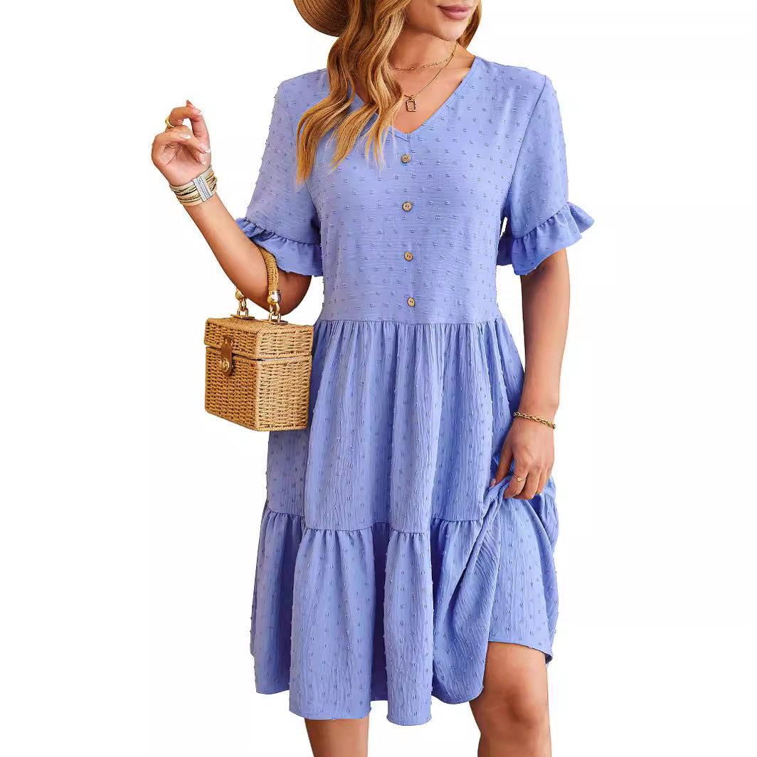 Women's - V-neck Jacquard Waist Pleated Dress - Elegant Style for Any Occasion - Perfect for Your Wardrobe