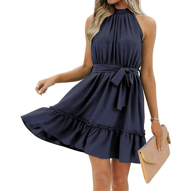 Women's - Single Colour Round Neck Halter Dress - Stylish Summer Essential - Perfect for Casual and Evening Wear