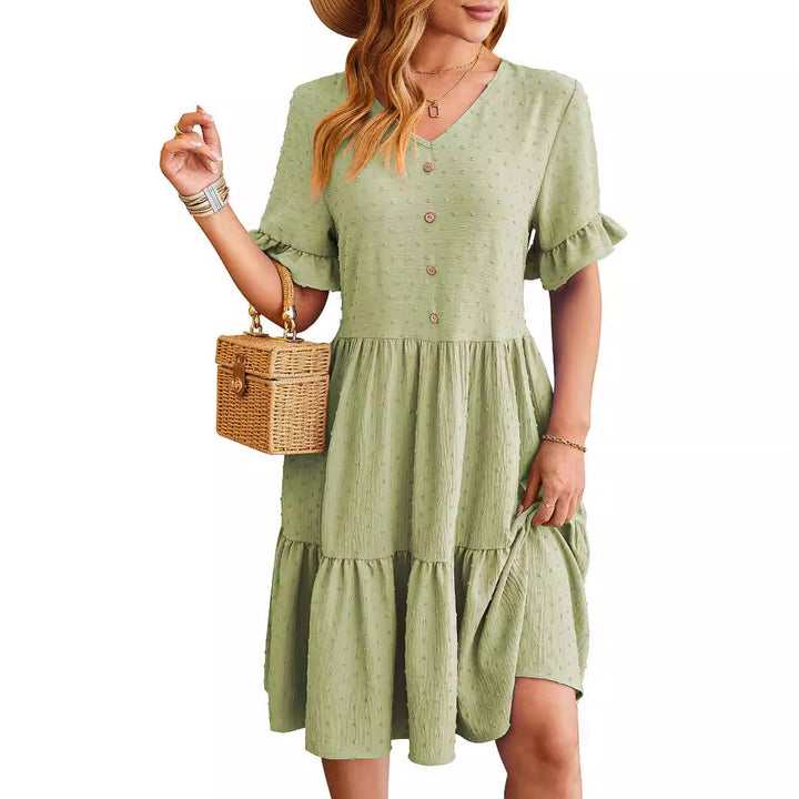 Women's - V-neck Jacquard Waist Pleated Dress - Elegant Style for Any Occasion - Perfect for Your Wardrobe