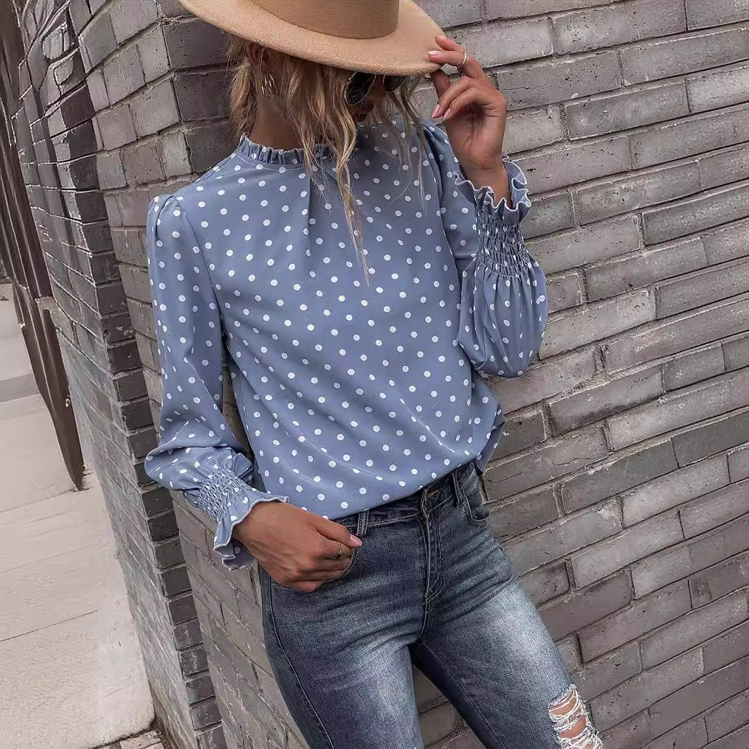 Women's - Elegant Shirt - Ruffled Lace Yolk - Puff Sleeves - Stylish Women's Top for Any Occasion