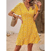 Women's - Floral Wrap-Tie V-Neck Short Sleeve Dress - Chic Short Skirt Style for Effortless Summer Elegance