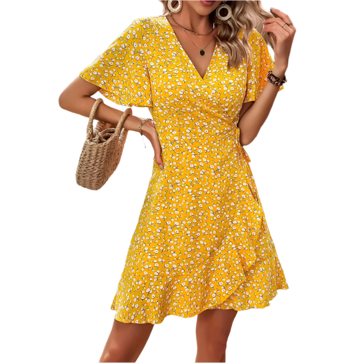 Women's - Floral Wrap-Tie V-Neck Short Sleeve Dress - Chic Short Skirt Style for Effortless Summer Elegance