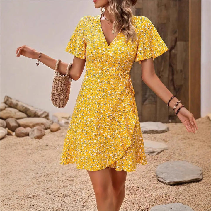 Women's - Floral Wrap-Tie V-Neck Short Sleeve Dress - Chic Short Skirt Style for Effortless Summer Elegance