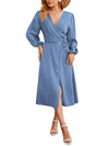Women's - V-neck Satin Dress with Slit Hem - Stylish and Plain - Perfect for Any Occasion