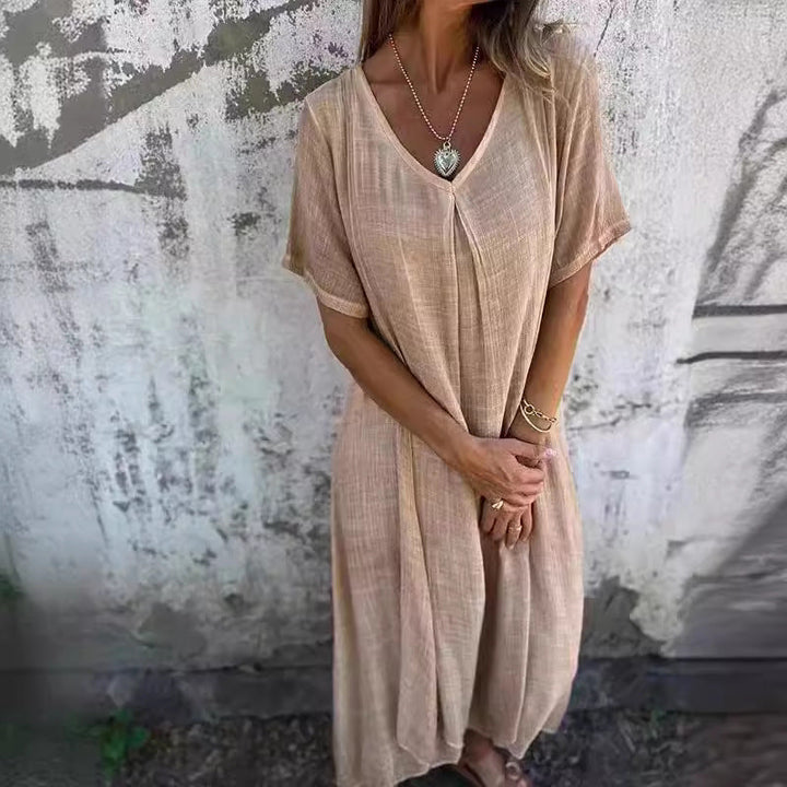 Women's - Casual Dress - Cotton Linen Short Sleeve V-Neck - Stylish Summer Essential