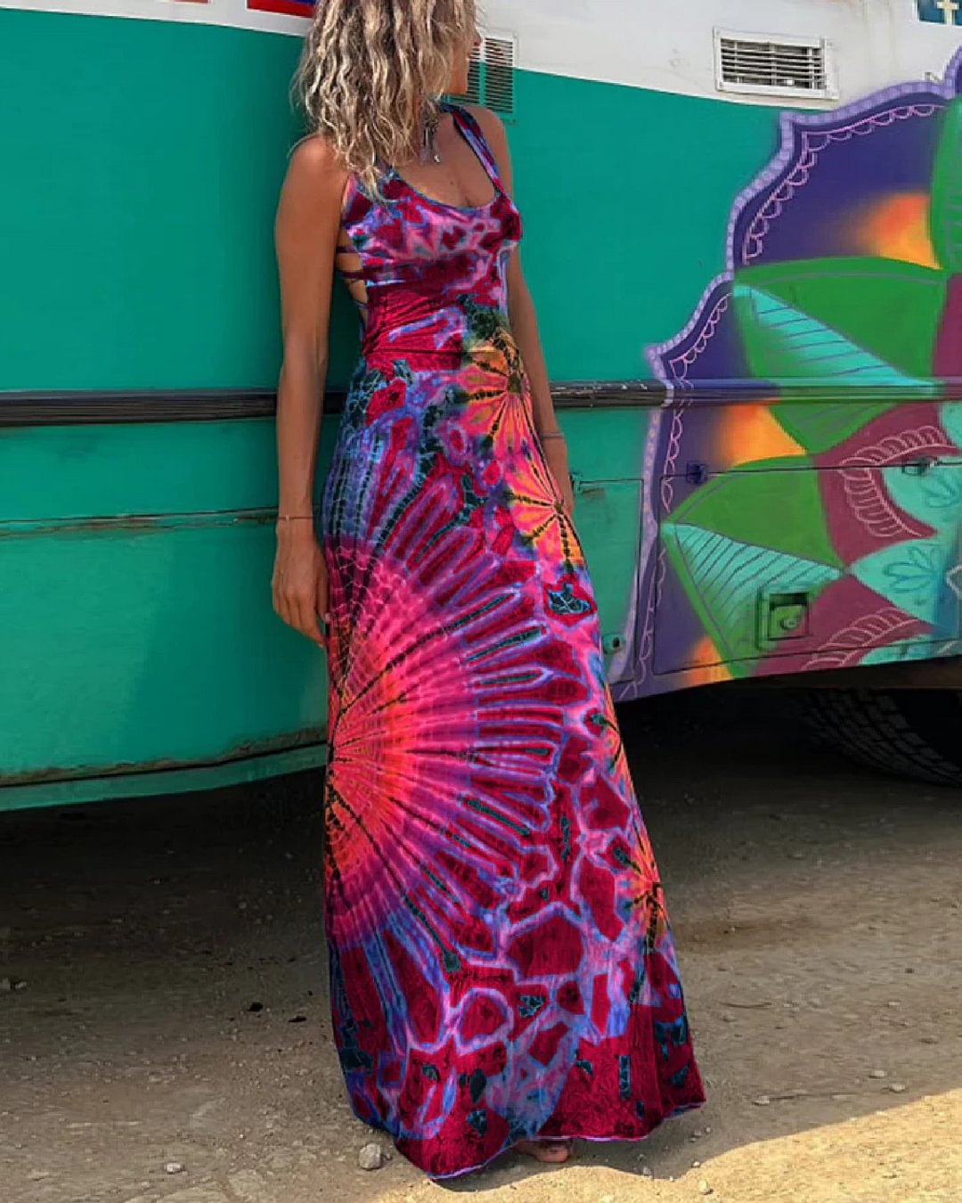 Maxi dress with lacing and tie-dye print