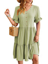 Women's - V-neck Jacquard Waist Pleated Dress - Elegant Style for Any Occasion - Perfect for Your Wardrobe