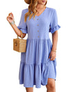 Women's - V-neck Jacquard Waist Pleated Dress - Elegant Style for Any Occasion - Perfect for Your Wardrobe