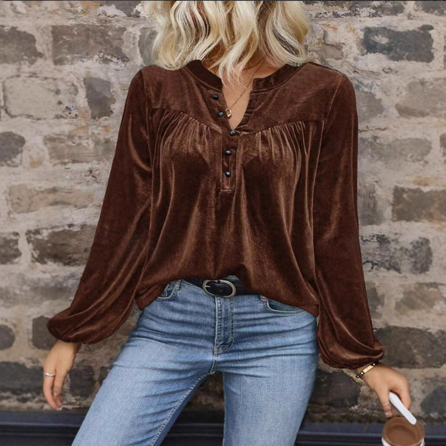 Women's - Long Sleeve Velvet Top - V-Neck with Buttons