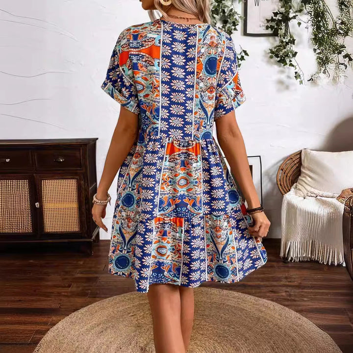 Women's - Vintage Floral V-Neck Batwing Sleeve Dress - Lightweight Fabric - Perfect for Casual and Special Occasions
