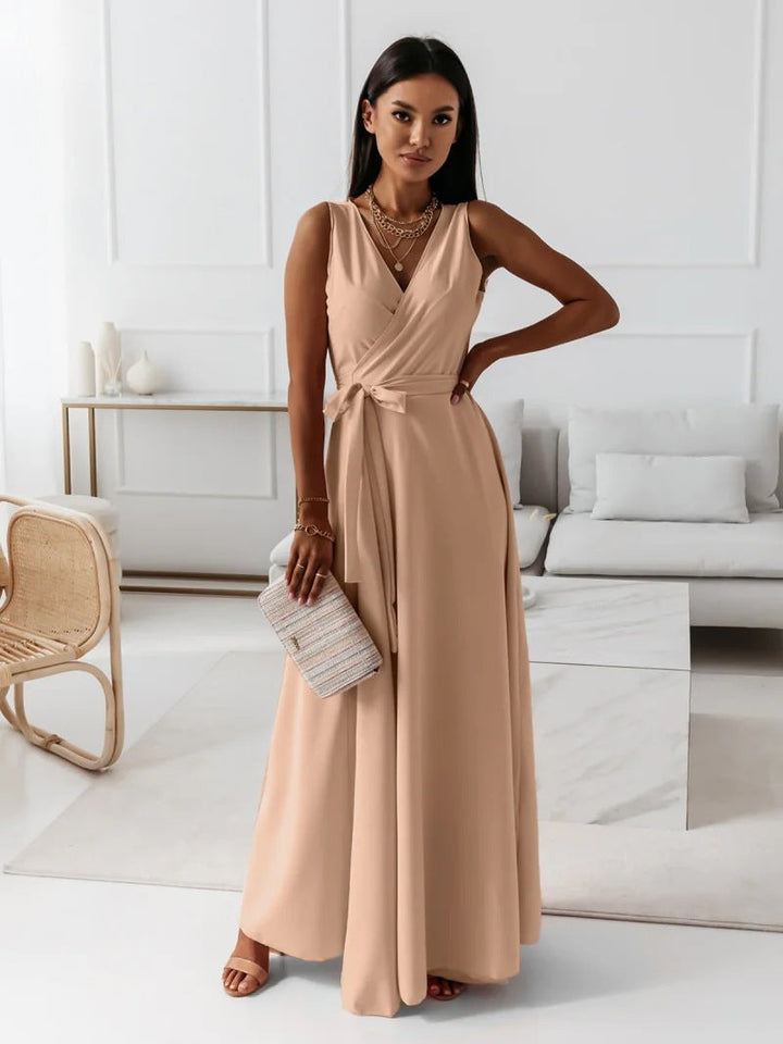 Ladies single-coloured V-neck long dress