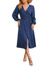 Women's - V-neck Satin Dress with Slit Hem - Stylish and Plain - Perfect for Any Occasion